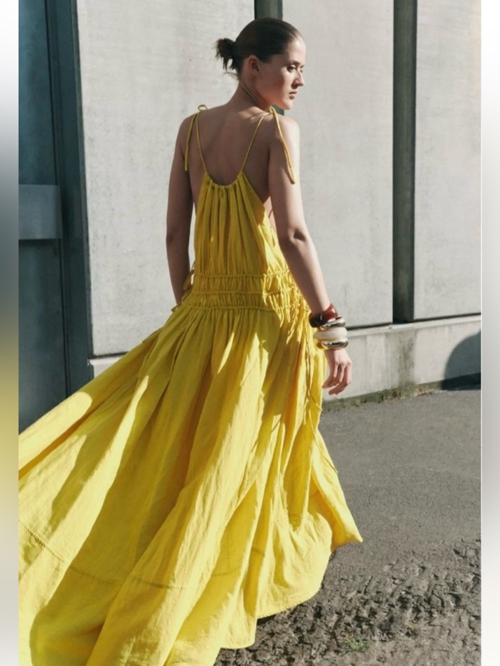 New ZARA Linen Blend Flowing Yellow Halter Maxi Dress With Side Ties